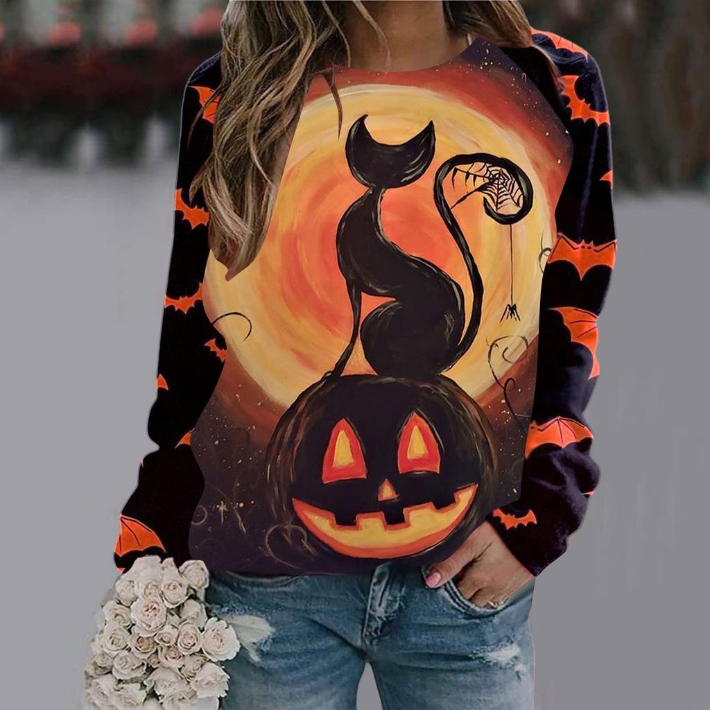 Женская повседневная модная футболка с длинным рукавом и принтом на Хэллоуин
