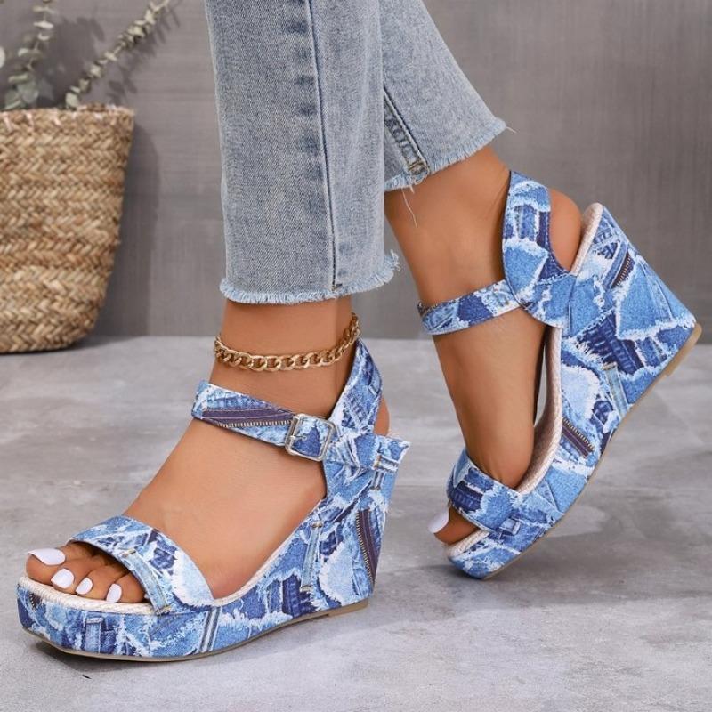 2024 Новые модные однотонные универсальные женские босоножки на танкетке с открытым носком и пряжкой, подходящая по цвету толстая подошва, летняя женская обувь