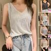 Women Vest V-Neck Sleeveless Shiny Hot Drill Decor Tank Tops Solid Color Knitting Camisole Parties Daily Wear