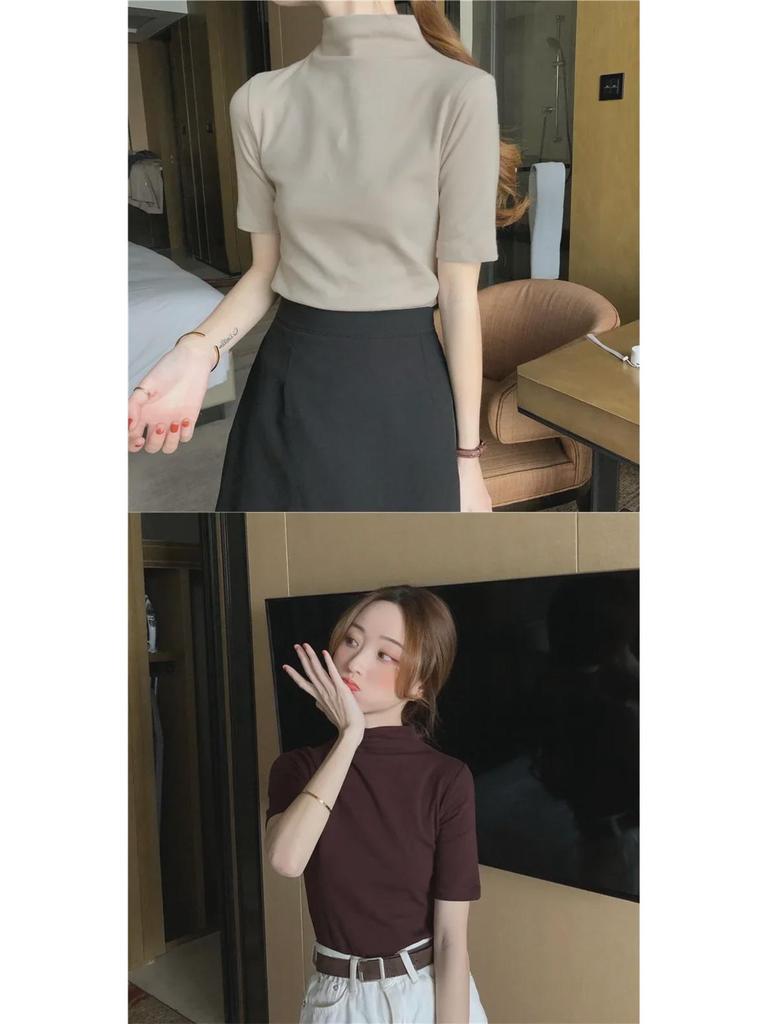 2027 Реальный Выстрел: Женская облегающая футболка с коротким рукавом и полуводолазкой (95% хлопок, 5% спандекс)