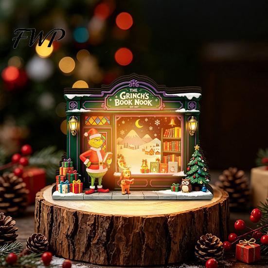Wooden Christmas Tabletop Decorations Light Up House Table Ornament, LED Lighted Decorative for Festivals Book Nook Village Decoration Holiday