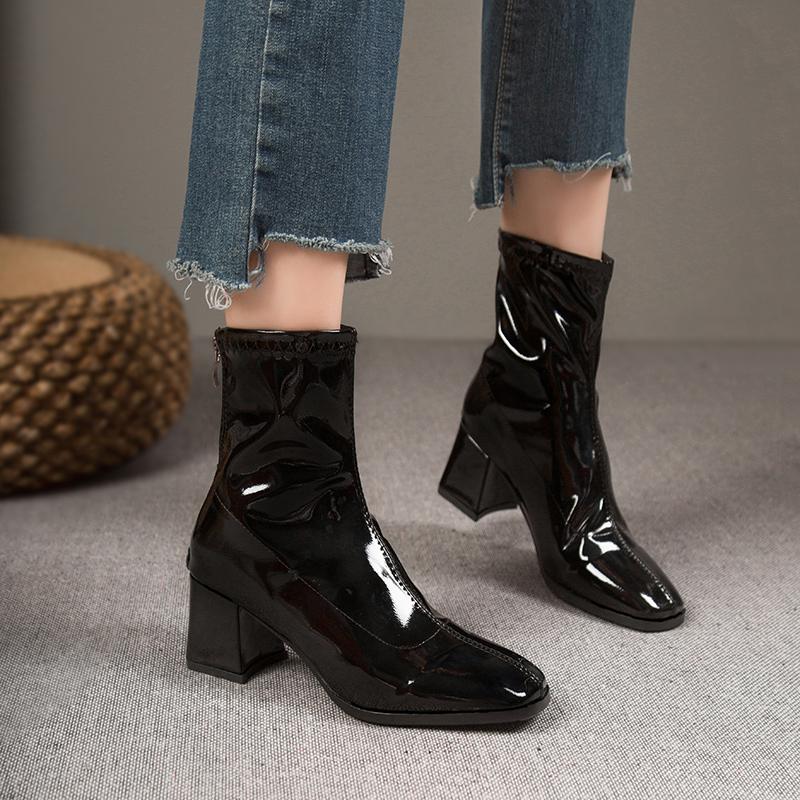 Fashion Brand Women Shoes 2024 New Black Patent Leather Fashion Square Toe Women's Boots  Thick Heel Ladies High Heel Ankle Boots