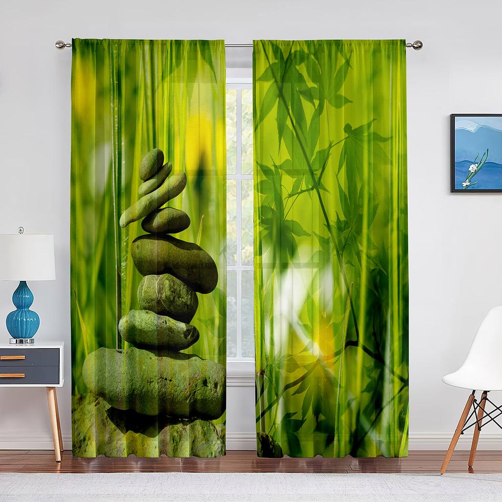 Zen Spa Green Bamboo Black Stone Flower Sheer Curtains for Living Room Bedroom Decorations Window Voiles Tulle Curtain Drapes