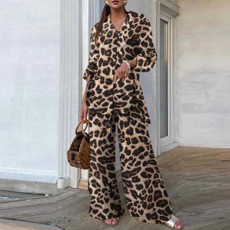 Spring Women's 2-piece Fashion Top Women's Leopard Print Wide-leg Pants Casual Loose Suit