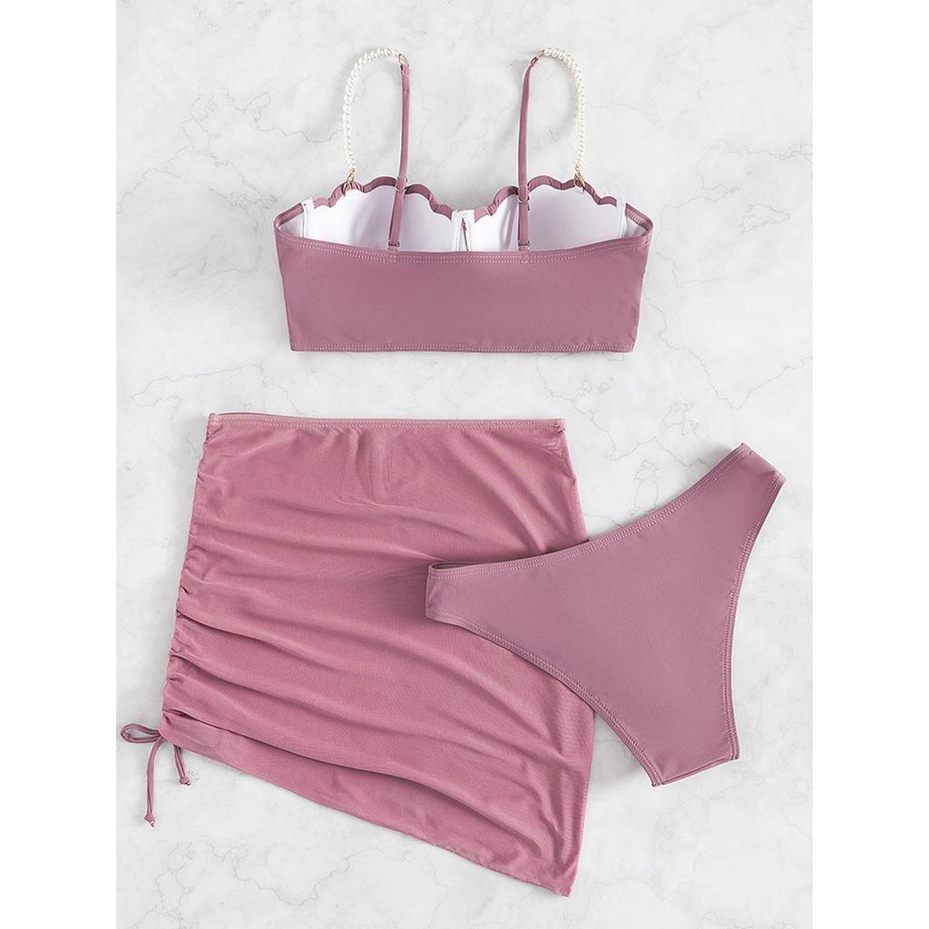 Сексуальный комплект бикини из 3 предметов, женский купальник с юбкой, купальник, женский бикини с эффектом пуш-ап, пляжная одежда, купальный костюм с искусственным жемчугом