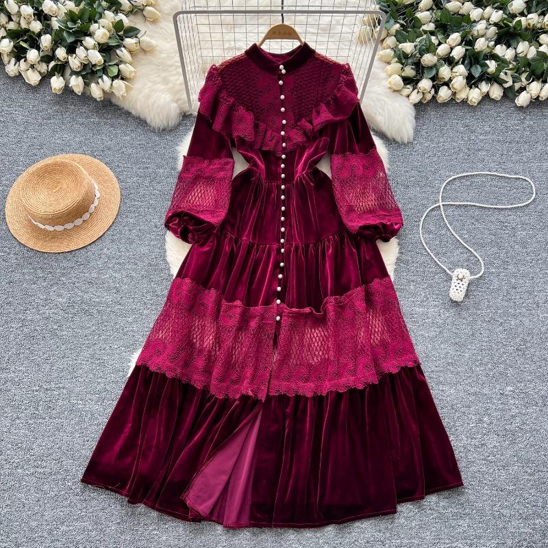 Платья High Street Женские ретро кружевные пэчворк золотые бархатные платья с французской жемчужной пряжкой длиной до талии винтажные шикарные платья