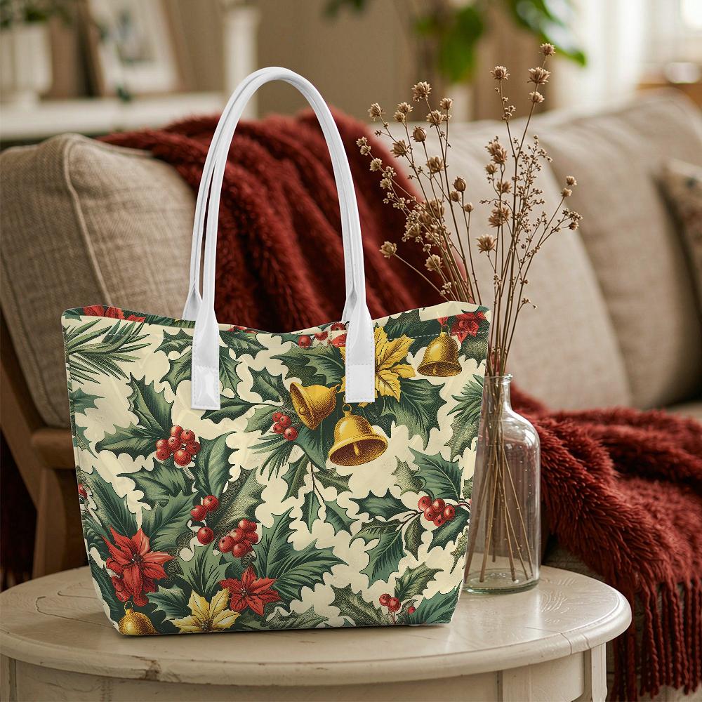 Christmas Holly Bell Printed Tote Bag Fashion Portable Daily Carry Handbag