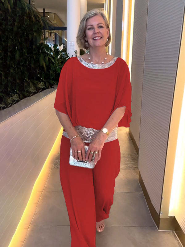 Europe and The United States Ladies Suit Round Neck Sequins Color Blocking Bat Shirt Wide Leg Pants Suit Female