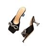 European and American Thin-heeled Rhinestone High-heeled Slippers Women's 2025 Fashion Square Head Large Size Satin One-word Bow Sandals