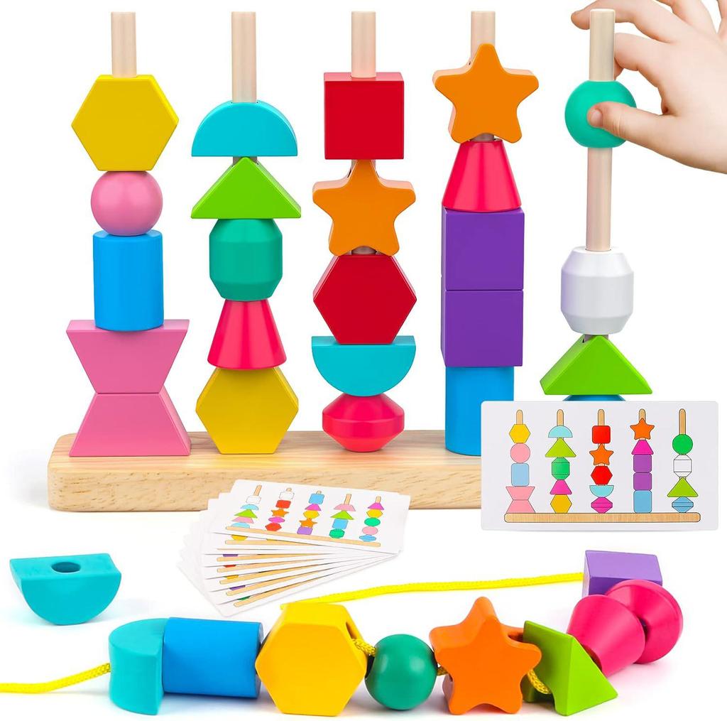 Wooden Toddler Beading Toy with Colorful Stacking Blocks
