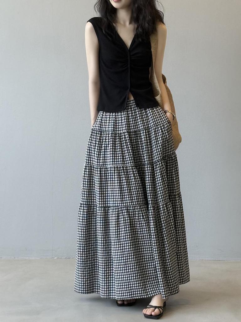 Женская миди-юбка А-силуэта в черно-белую клетку Yan Shuang, с высокой талией, свободного кроя, летний стиль