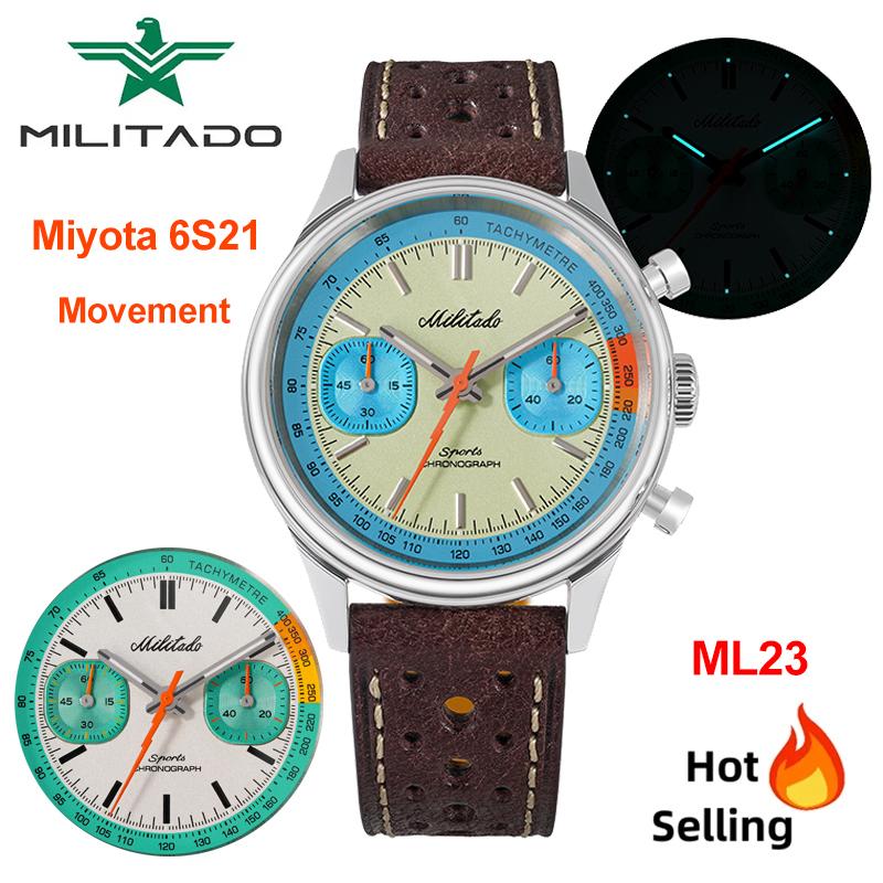 Militado ML23 Quartz Watch Miyota 6S21 Chronograph Movement Men Watches Sapphire BGW9 Luminous 100m Waterproof Dive Watch