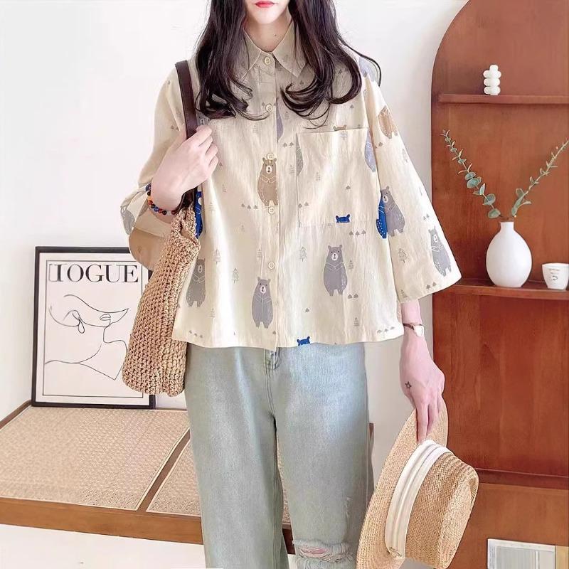 Женская летняя повседневная рубашка с коротким рукавом и воротником, свободного кроя, оригинального стиля, короткий мультяшный маленький топ, тренд