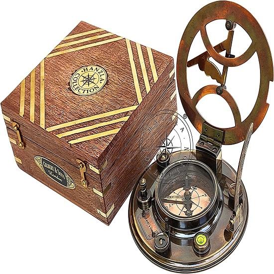 5 Inch Steampunk Gilbert Sundial Compass – Top Grade Handcrafted Brass Sundial In Wood Box with Equation Chart