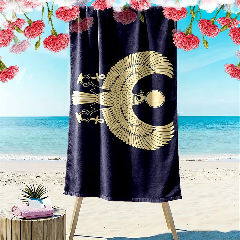Giant Beach Towel with Egyptian Golden Falcon God Print, Quick Dry Microfiber, Ultra Soft Absorbent, for Pool Beach Travel