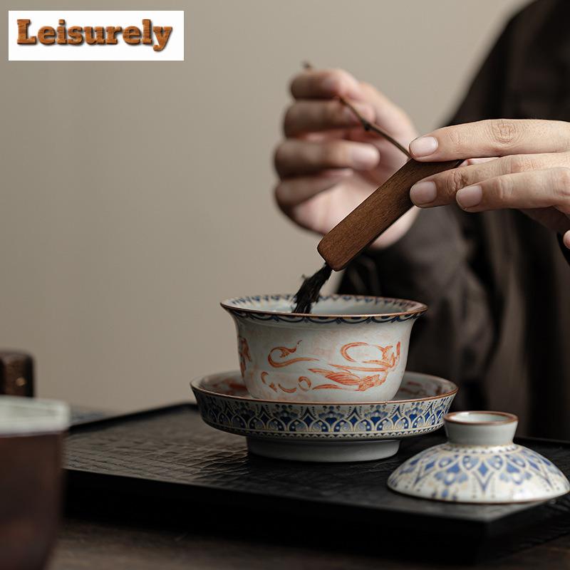 170ml Imitation Song Ru Kiln Gaiwan Elegant Dunhuang Apsaras Tea Tureen Tea Brewing Cover Bowl Tea Ceremony Supplies Ornaments