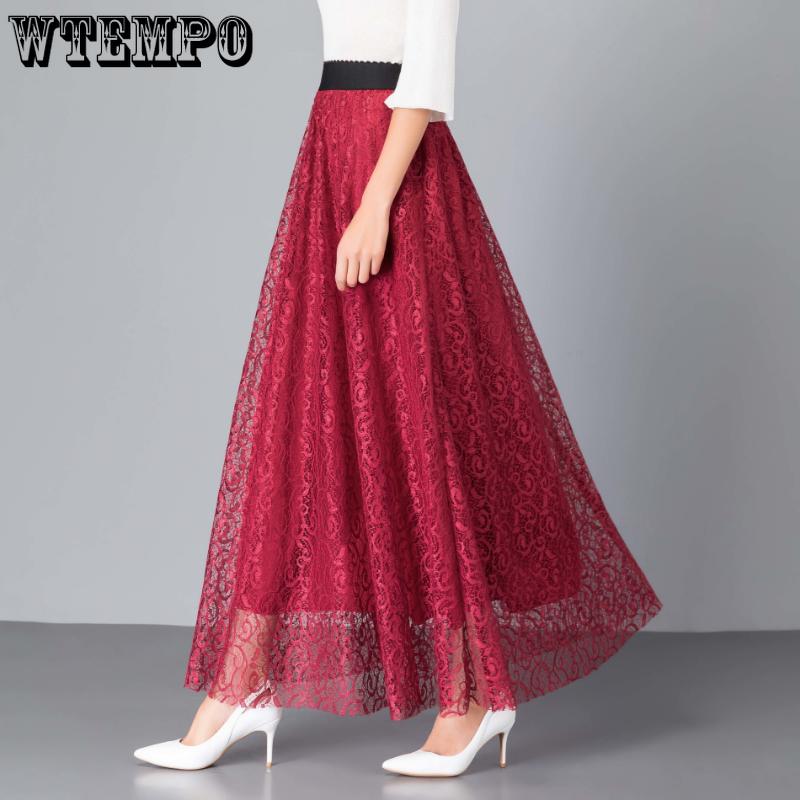 Женская весенняя элегантная кружевная эластичная полуюбка с высокой талией, темпераментная универсальная однотонная длинная юбка трапециевидной формы с большим подолом