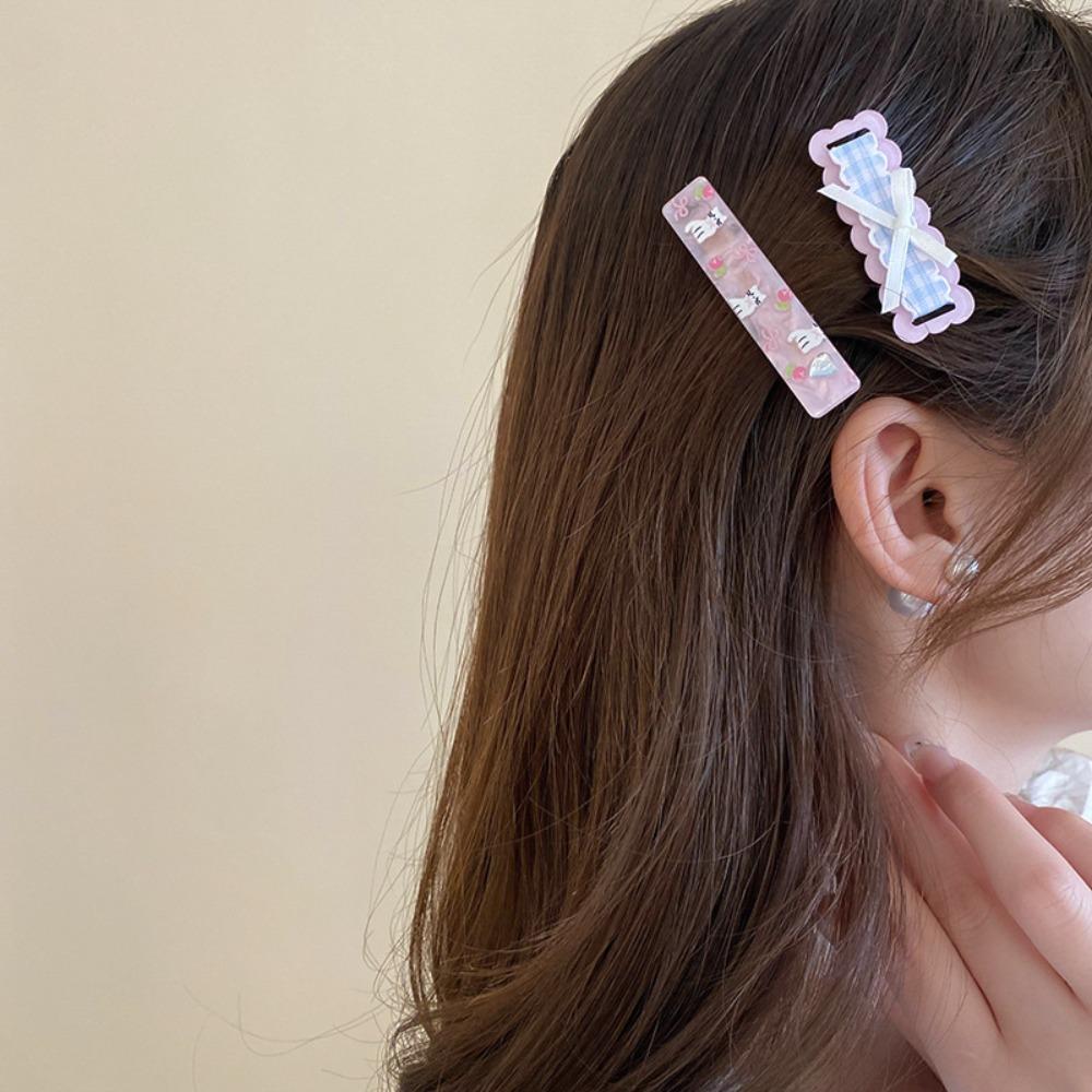 2 шт./компл. Корейский стиль Мультяшный кот Заколки-автоматы Корейская заколка для волос Бант Клетчатая заколка для волос Лето