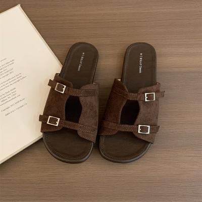 Французские шлепанцы на одной педали женские 2025 новые летние для улицы на плоской подошве шлепанцы с одной перемычкой шлепанцы с двойной пряжкой пляжные прохладные женские