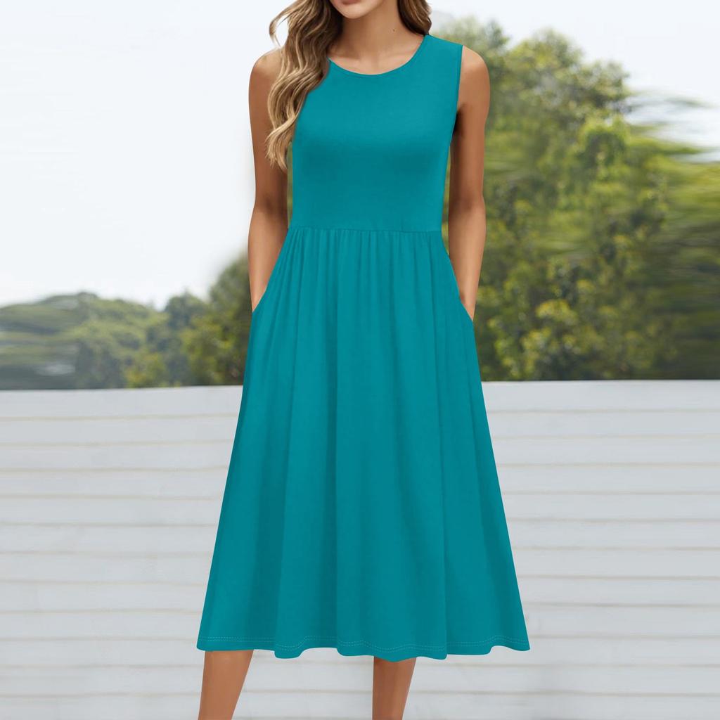 Женское модное однотонное платье без рукавов с круглым вырезом и карманом средней длины