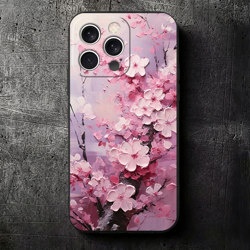 Cherry Blossom Sakura Fashion Soft Phone Case for iPhone 16 16E 17 Air 15 Pro Max 14 Plus 13 Mini 11 12 7 Black Cover Back Shell