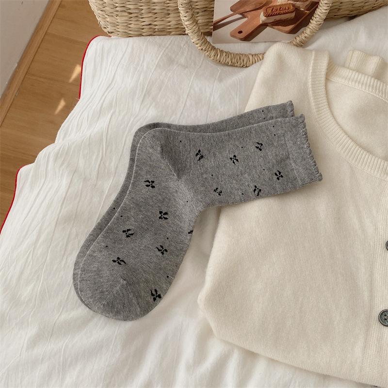 Autumn and Winter Three-dimensional Bow Boneless Mid-calf Socks, Sweet Socks, Women's Lace Socks, Grey Twisted Pile Socks