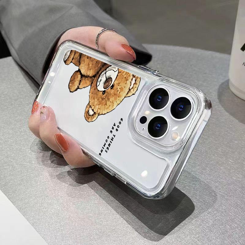Cute Peeking Teddy Bear Clear Pattern Design Protective Cover for iPhone 17 16 15 14 13 12 11 16E Series Pro Max Plus