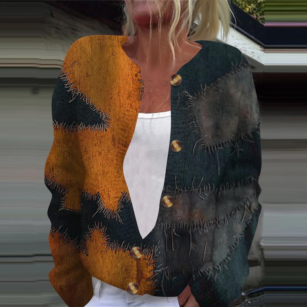 Women's Fashion Printed Long Sleeve Knitted Cardigan Button Down Jacket