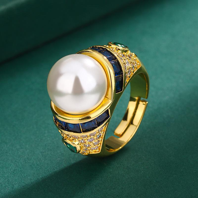 Позолоченное легкое роскошное кольцо на указательный палец с ракушками, кольцо с эмалированным цирконием и жемчугом, кольцо с серым таитянским жемчугом.