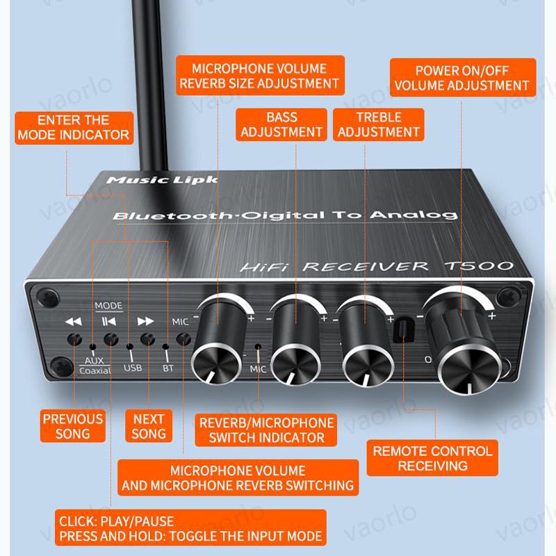 VAORLO Bluetooth 5.3 Audio Receiver+Coaxial DAC Converter+USB U-Disk Play+6.5 Micrphone Karaoke Wireless Adapter 3.5MM AUX RCA