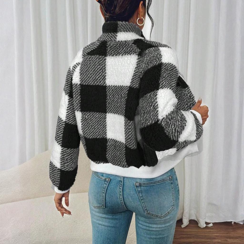 Женская модная клетчатая плюшевая теплая и свободная повседневная куртка с длинными рукавами на молнии