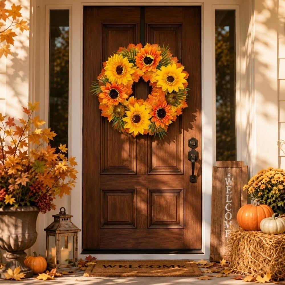 Rustic Style Pumpkin Maple Leaf Wreath Thanksgiving Artificial Sunflower Wreath Thanksgiving Party