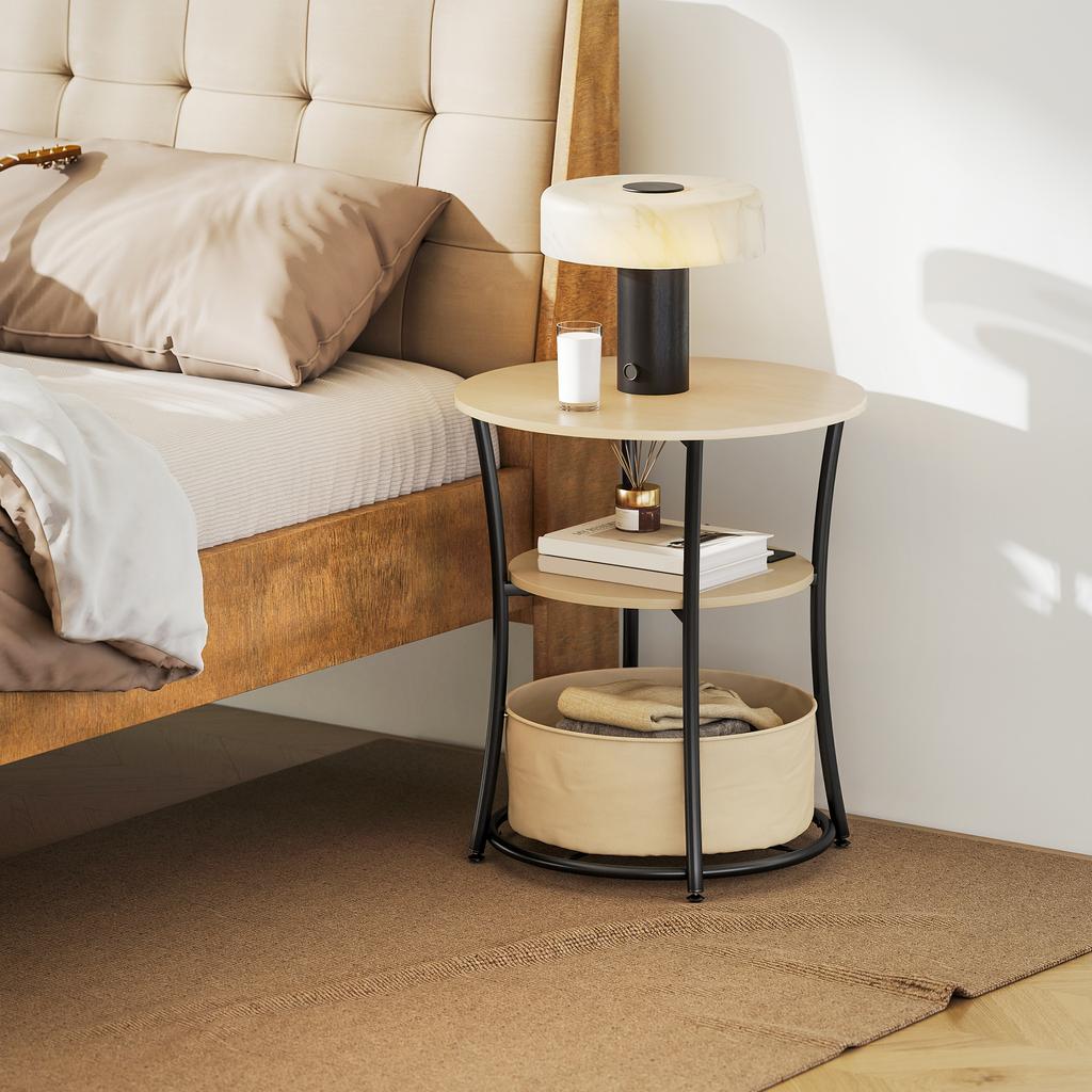 Side Table 3 Tier Coffee Table With Charging Station Fabric Storage Pocket Shelf 50x50x55.1 Cm Natural Wood