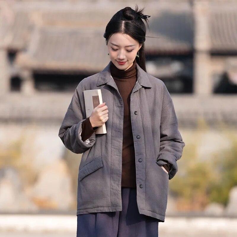 Johnature Женские зимние парки в китайском стиле с отложным воротником на пуговицах, теплые пальто с карманами и длинными рукавами, хлопковые парки