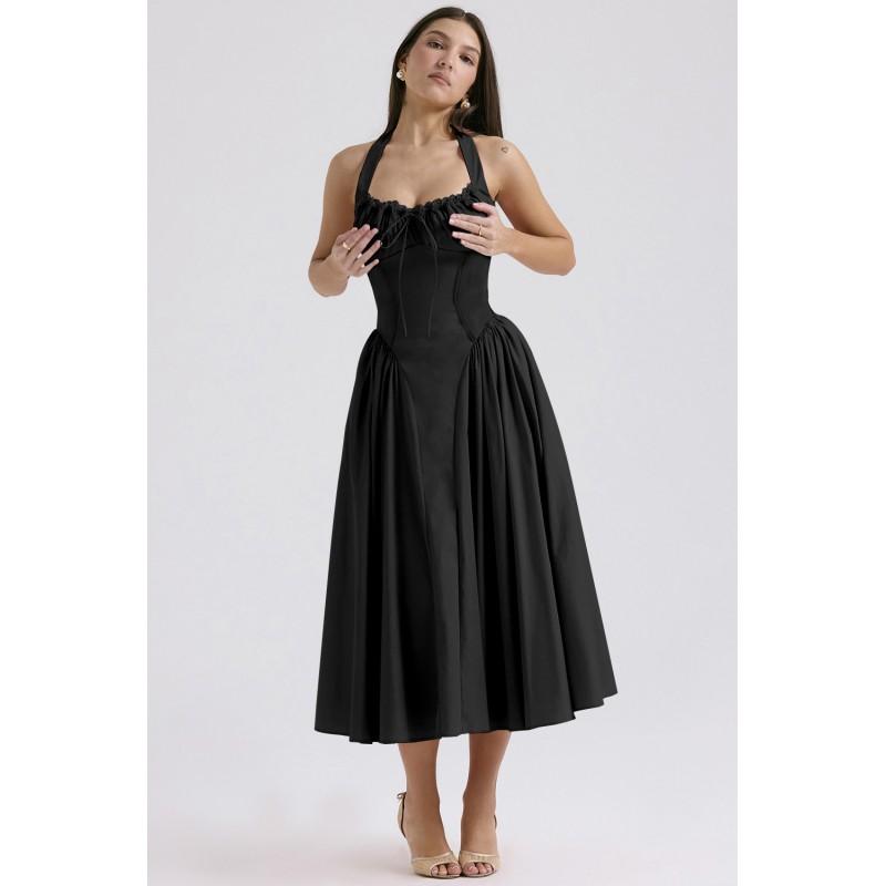 Fit Flare Halter Maxi Dress Floral Print Lace Trim Elegant