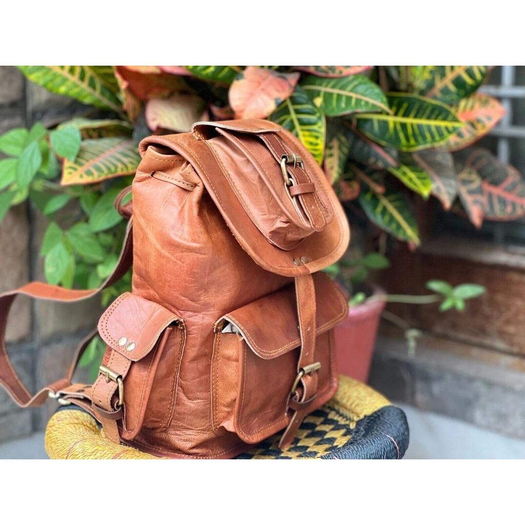 Leather Goat Backpack Bag Genuine Travel Laptop Men's Brown Rucksack Vintage