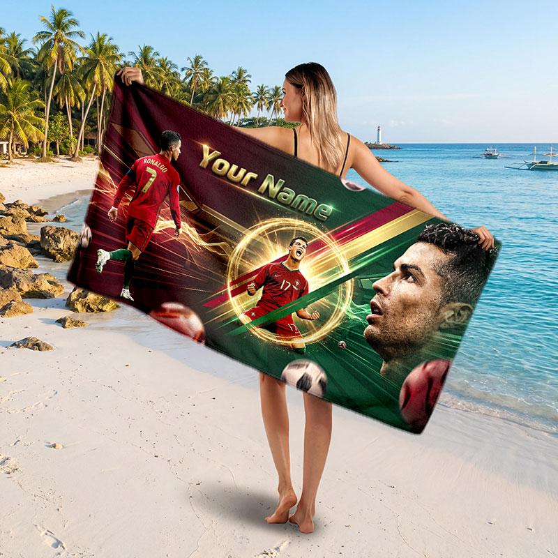Cristiano Ronaldo Custom Beach Towel, Personalized Name Text Print, Football Logo Soft Quick‑Dry Towel Holiday Gift