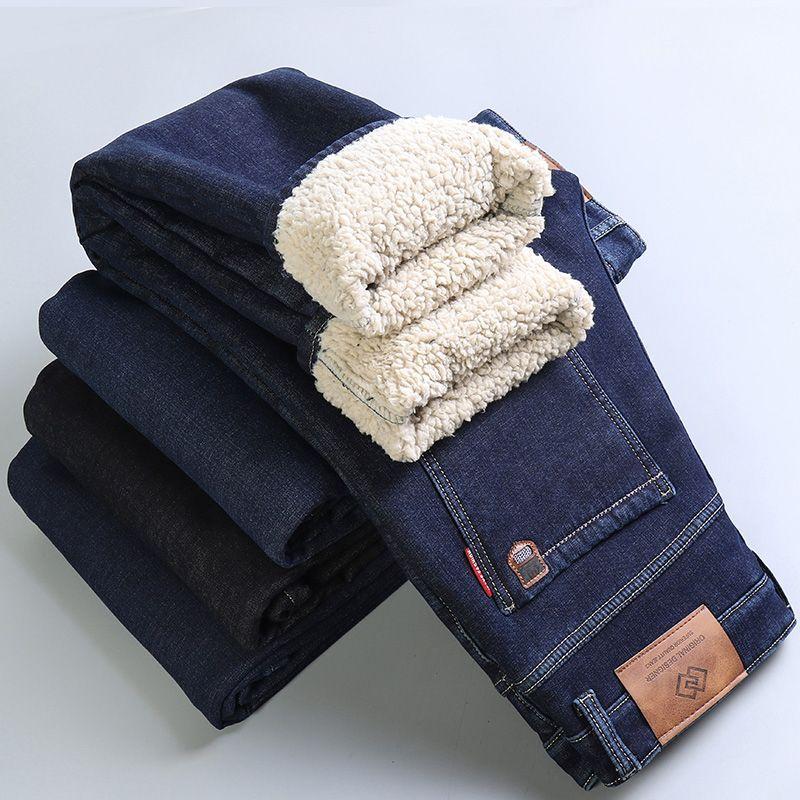 Зимние брюки из ягнячьего бархата плюс бархат, толстые, мужские джинсы, теплые, свободные, прямые, повседневные, стрейч, больших размеров