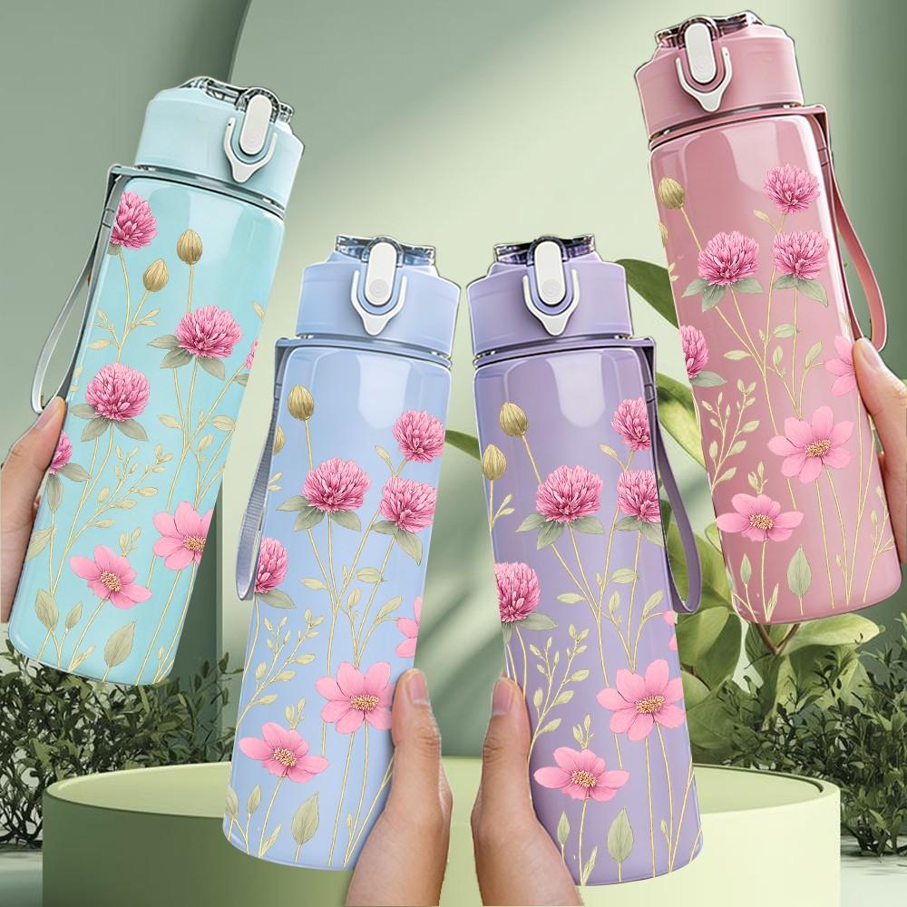 1PC Pink Small Daisy Flower Bouquet Print 750ml Color Plastic Sports Water Bottle Leakproof Flip Straw Lid Suitable for Sports Office Home Use
