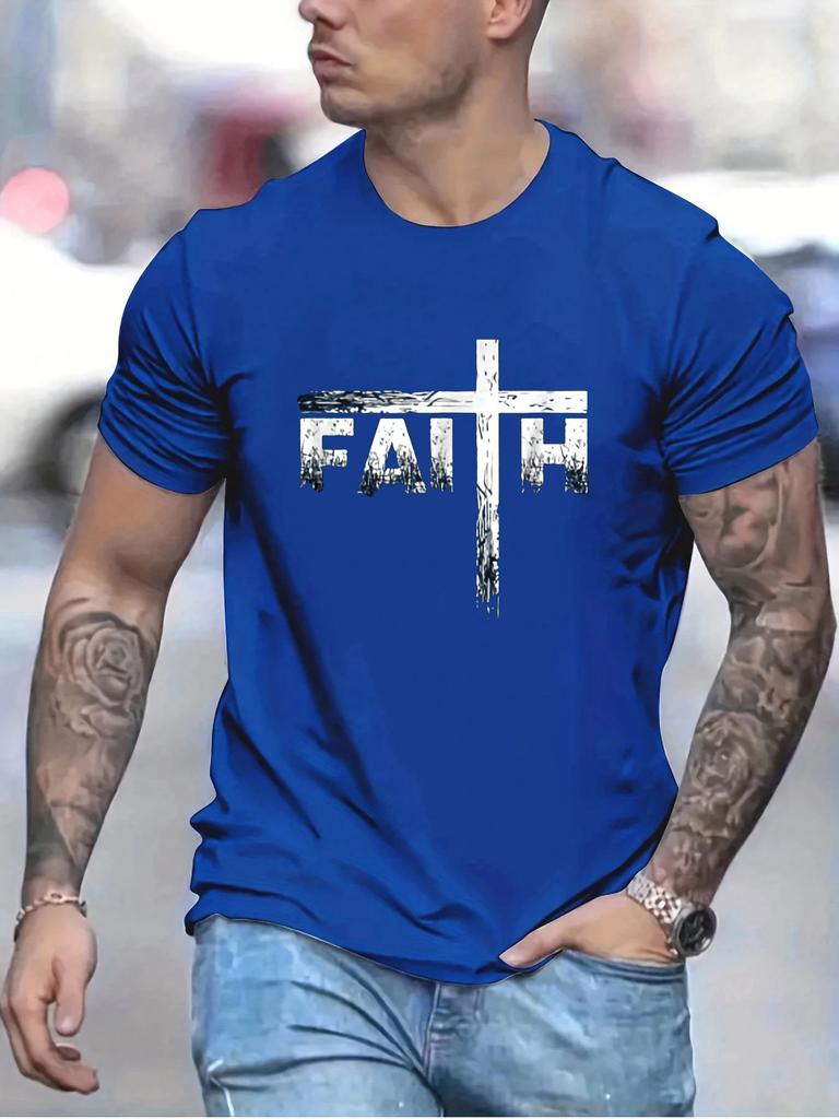 Men's Summer 100 Cotton Faith Print Loose Large Casual Round Neck Short Sleeve T-shirt