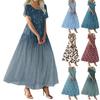 Women's Summer Casual Floral Print Short Sleeve O Neck High Waist A Line Tiered Flowy Boho Maxi Dress