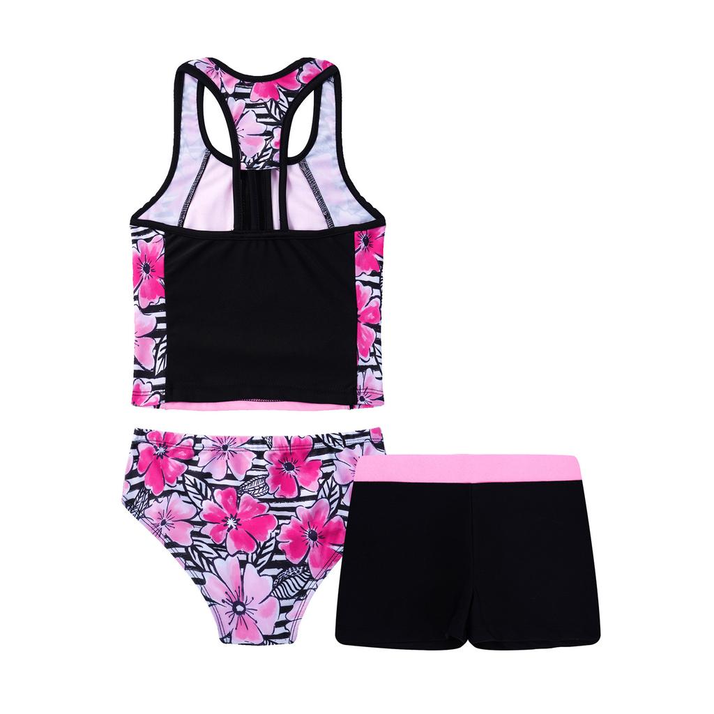 Девочки без рукавов борцовка майка майка эластичный пояс шорты цветочный принт танкини купальник