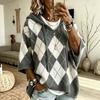 Autumn/Winter Diamond Plaid V-neck Hooded Women's Sweater - European & American Casual Knitwear.