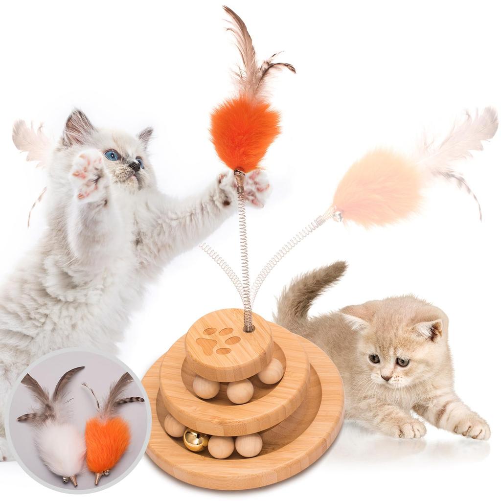 Wooden Cat Spinning Tower with Bells and Safe Material for Cats Educational Toy and Helps Relieve Stress and Perfect for Cats Toy, Balls, - 2-Layer