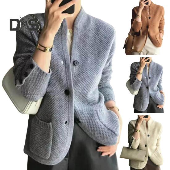 Женское зимнее пальто, трикотажное, утолщенное, однобортное, однотонное, с карманами, воротником-стойкой, теплым, с пуговицами, кардиганом, повседневная одежда, свитер, куртка для отдыха на природе