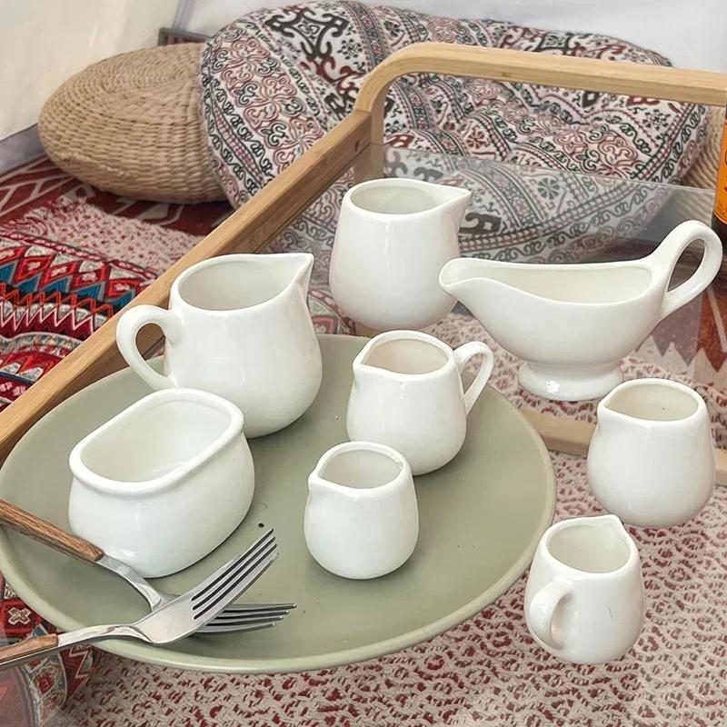 Creative Pure White Ceramic Coffee Small Milk Cup Pot Pot Steak Cup Sauce with Handle Size Sugar Jar Milk Spoon Beak