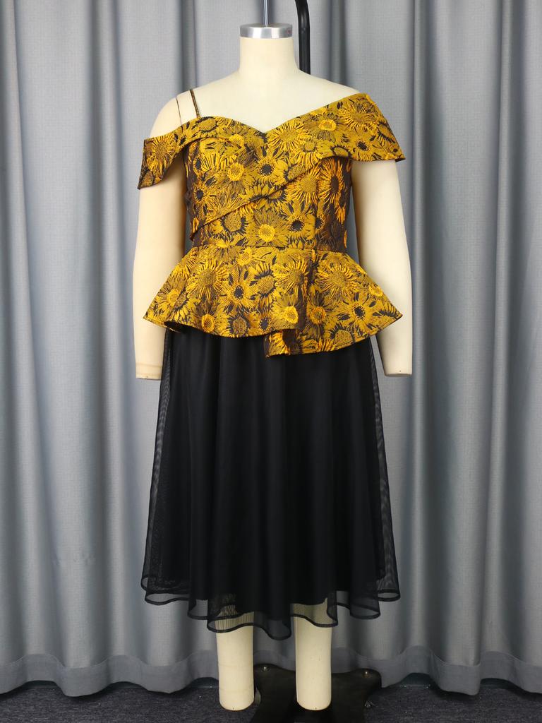 Комплекты из двух вещей для женщин: топ-пеплум с открытыми плечами и сетчатая юбка А-силуэта с цветочным жаккардом для коктейльной вечеринки и особого случая