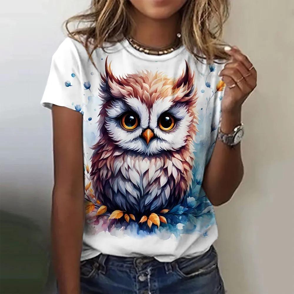 Summer Round Neck 3D Owl Printed Top Fashionable Casual Short Sleeved Women's T-shirts