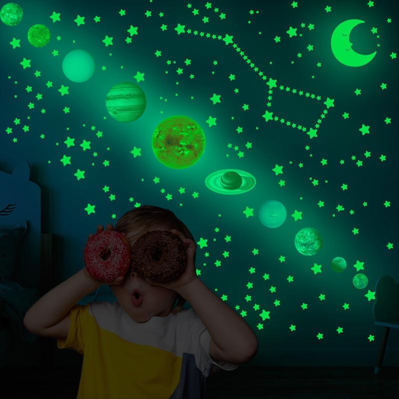 525PCS Box Packed Luminous Nine Planets Wall Sticker for Kids Bedroom Living Room Glow In The Dark DIY Party Home Decor