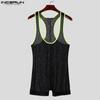INCERUN Men Sleeveless Patchwork Lace See Through Mesh Playsuit Jumpsuits